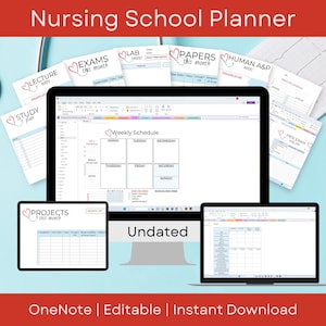 May include: A digital nursing school planner with a red banner that reads "Nursing School Planner." The image shows a computer monitor and two laptops displaying planner templates. Additional planner pages are scattered around the devices. The text "Undated" is visible.