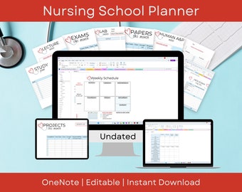Könnte beinhalten: Ein digitaler Krankenpflegeschulplaner mit einem roten Banner mit der Aufschrift "Nursing School Planner". Das Bild zeigt einen Computermonitor und zwei Laptops, die Planervorlagen anzeigen. Zusätzliche Planerseiten sind um die Geräte herum verstreut.