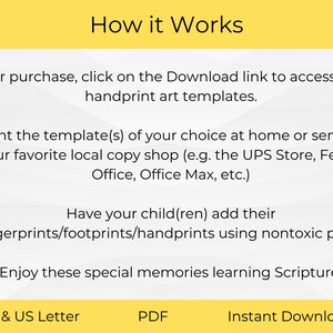 May include: A yellow and white graphic with the text "How it Works" in black. The graphic explains how to use printable handprint art templates. The text includes instructions to download, print, and use nontoxic paint to create handprint art. The graphic also includes the text "A4 & US Letter", "PDF", and "Instant Download".