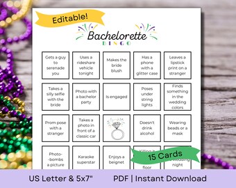 Editable NOLA Bachelorette BINGO with Hashtag | Girls Trip Scavenger Hunt and Find the Guest Game | US Letter & 5&quot;x7&quot; | Instant Download