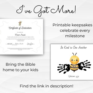 May include: Printable certificates and handprint art for kids. The certificate is for a dedication ceremony and features a cross and the text "Certificate of Dedication". The handprint art features a yellow bee with black stripes and the text "Be Kind to One Another" and "Ephesians 4:32".