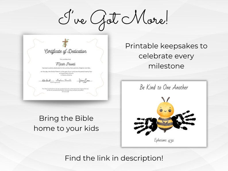 May include: Printable certificates and handprint art for kids. The certificate is for a dedication ceremony and features a cross and the text "Certificate of Dedication". The handprint art features a yellow bee with black stripes and the text "Be Kind to One Another" and "Ephesians 4:32".