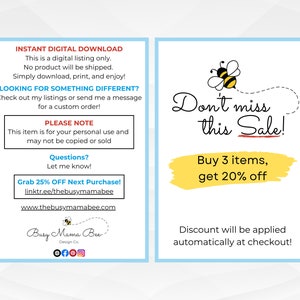 May include: A digital download graphic with a yellow and black bee illustration. The text reads "Don't miss this Sale! Buy 3 items, get 20% off. Discount will be applied automatically at checkout!"