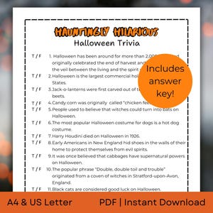 Juego de trivia de Halloween imprimible para adolescentes, noche de juegos en familia, bares y restaurantes / Halloween divertido / Tamaño A4 y carta de EE. UU. / Descarga instantánea en PDF