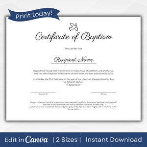 Certificado de bautismo con paloma, Texto totalmente editable, A4 y carta EE. UU., Descarga instantánea en PDF