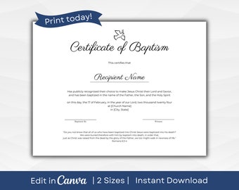 Certificate of Baptism with Dove | Fully Editable Text | A4 & US Letter | PDF Instant Download