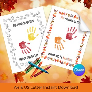 Pagina da colorare e con impronte di mani autunnali / Attività di homeschooling autunnale / Il cambiamento è bello / A4 e US Letter / Download immediato del PDF