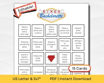 Editable Vegas Bachelorette BINGO Cards with Hashtag | Bachelorette Bar Scavenger Hunt | US Letter and 5x7 in | PDF Instant Download