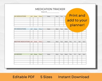 Printable Medication Tracker for Daily and Weekly Use | Checklist for Nanny and Caregiver | A4, A5, 7x9", 5.5x7.25", US Letter |