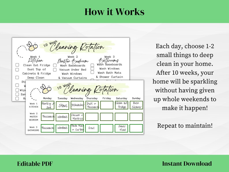 Editable Zone Cleaning Schedule Weekly Cleaning Planner With Deep Cleaning Checklist PDF Instant