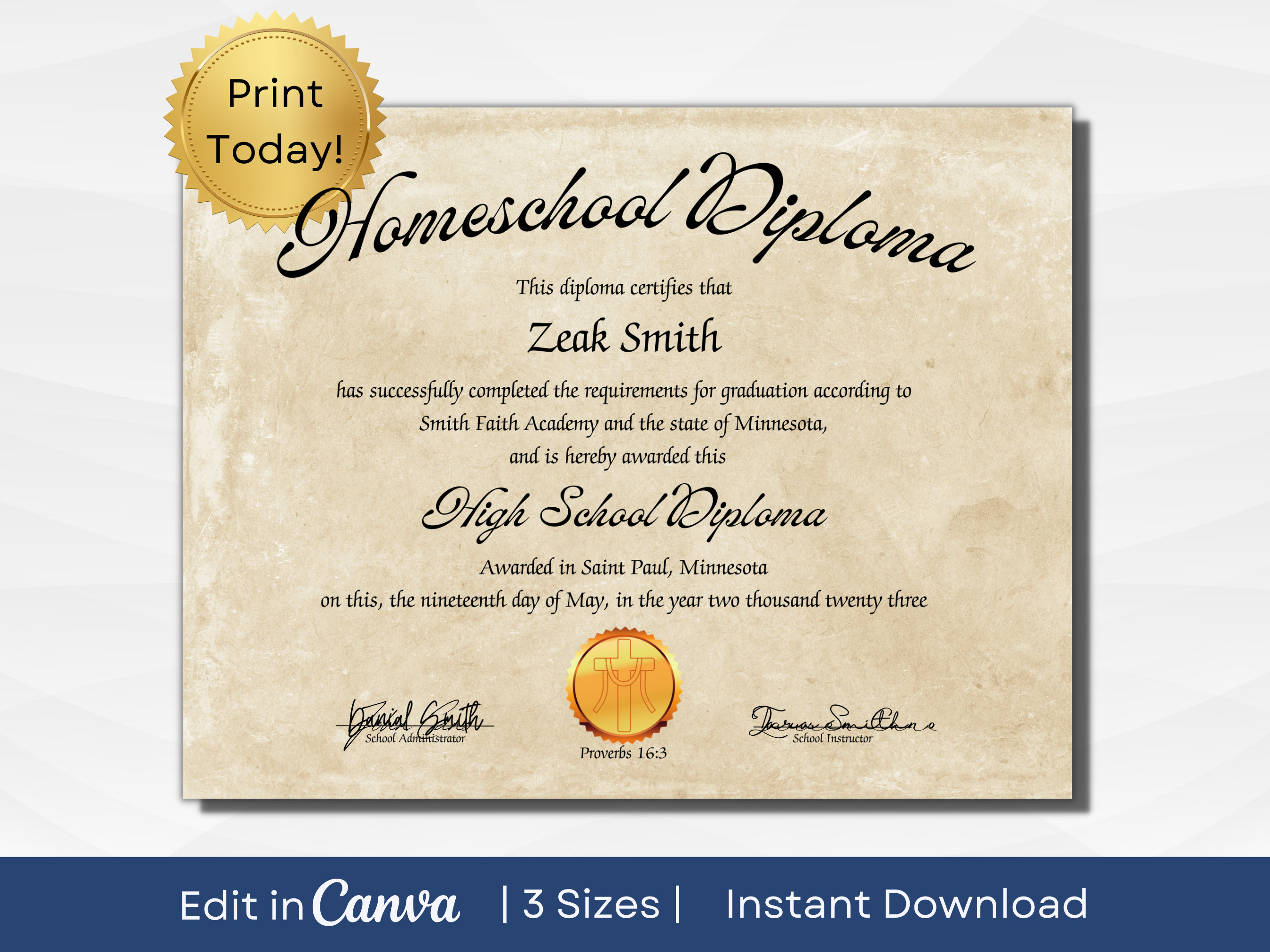 Printable Homeschool Diploma Template with Bible Reference | Editable High School Diploma | A4, US Letter & 11x14 in | Instant Download