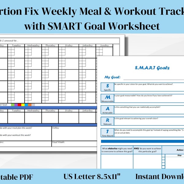 Beachbody Portion Fix Tracker with Workout Plan and SMART Goal Worksheets | Editable PDF | Instant Download