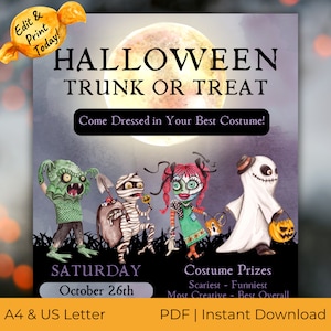 May include: A Halloween-themed poster with the text "HALLOWEEN TRUNK OR TREAT" and "Come Dressed in Your Best Costume!" Four cartoon characters in costumes are featured. The poster includes the date "SATURDAY October 26th" and "Costume Prizes."