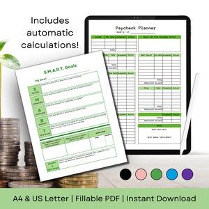 May include: A digital financial planner with a green and white design, displayed on a tablet. The planner includes sections for income, expenses, and goals. A sheet with S.M.A.R.T. goals is also visible. The image includes the text "Includes automatic calculations!"