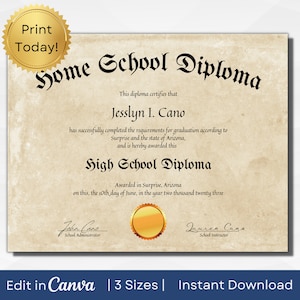 Plantilla imprimible para diploma de educación en el hogar, Diploma de escuela secundaria editable, Recuerdos de hitos, A4, Carta de EE. UU. y 14 x 11 pulg., Descarga instantánea