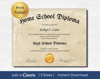 Printable Homeschool Diploma Template | Editable High School Diploma | Milestone Keepsakes | A4, US Letter & 14x11 in | Instant Download