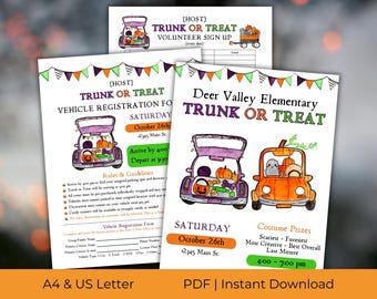 Pacote de panfletos e folhas de inscrição Trunk or Treat para o Festival de Outono | Editável ou pronto para imprimir | A4 e Carta EUA | Download instantâneo em PDF