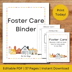 Op de afbeelding: Een printbare PDF-map voor pleegzorg met 37 pagina's. De omslag heeft een kleurrijke illustratie van huizen met de tekst "Foster Care Binder" en "Be the Village".