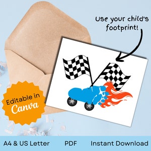 Bewerkbare voetafdruk Vaderdagkaart van Kids met racewagen | Handafdruk aandenken | A4 en US Letter | 5 x 7 inch, 12,5 x 17,5 cm | Pdf direct downloaden