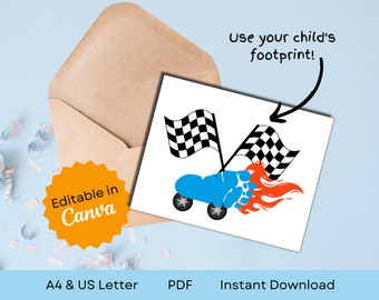 Editable Footprint Fathers Day Card from Kids w/Racecar | Handprint Keepsake | A4 & US Letter | 5x7 in, 12.5x17.5 cm | PDF Instant Download