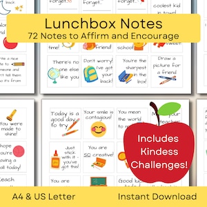 Notas de almuerzo para niños, Notas de lonchera retro, Tarjetas de afirmación para niños, La amabilidad es genial, A4 y carta de EE. UU., Descarga instantánea en PDF