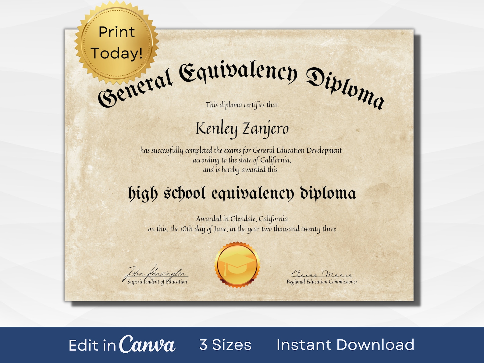EDITABLE GED Certificate Template Printable High School Diploma