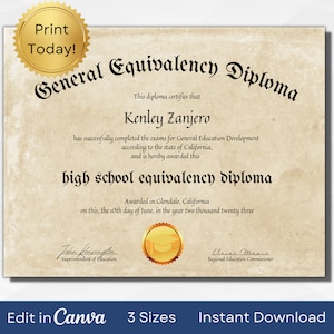 Plantilla de certificado GED EDITABLE / Diploma de escuela secundaria imprimible / Recuerdos e hitos / A4, Carta de EE. UU. y 14x11 in / Descarga instantánea