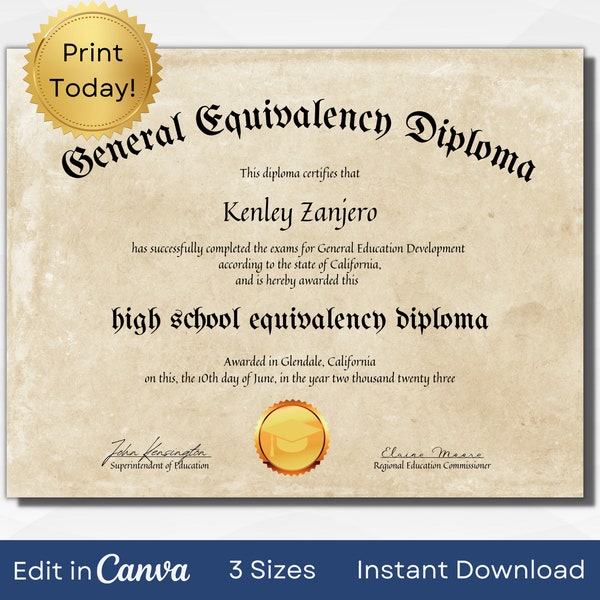 EDITABLE GED Certificate Template | Printable High School Diploma | A4, US Letter & 14x11 in | Instant Download