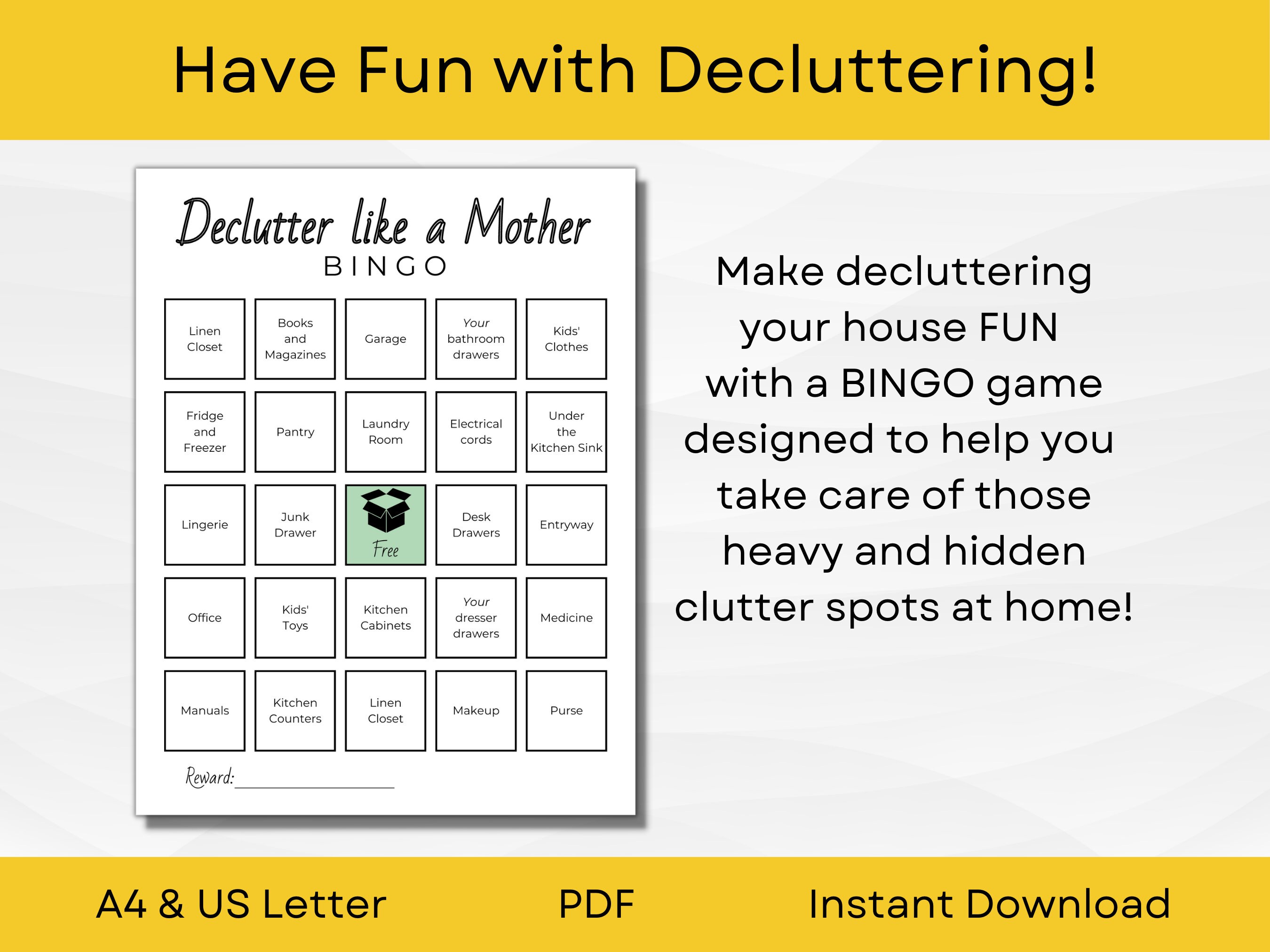 Printable Declutter Challenge BINGO Game Home Management Essentials A4