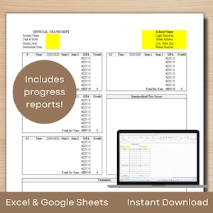 Modelo editável de histórico escolar do ensino médio | Transcrições oficiais ou não oficiais e relatório de progresso | Download instantâneo do Planilhas Google e Excel