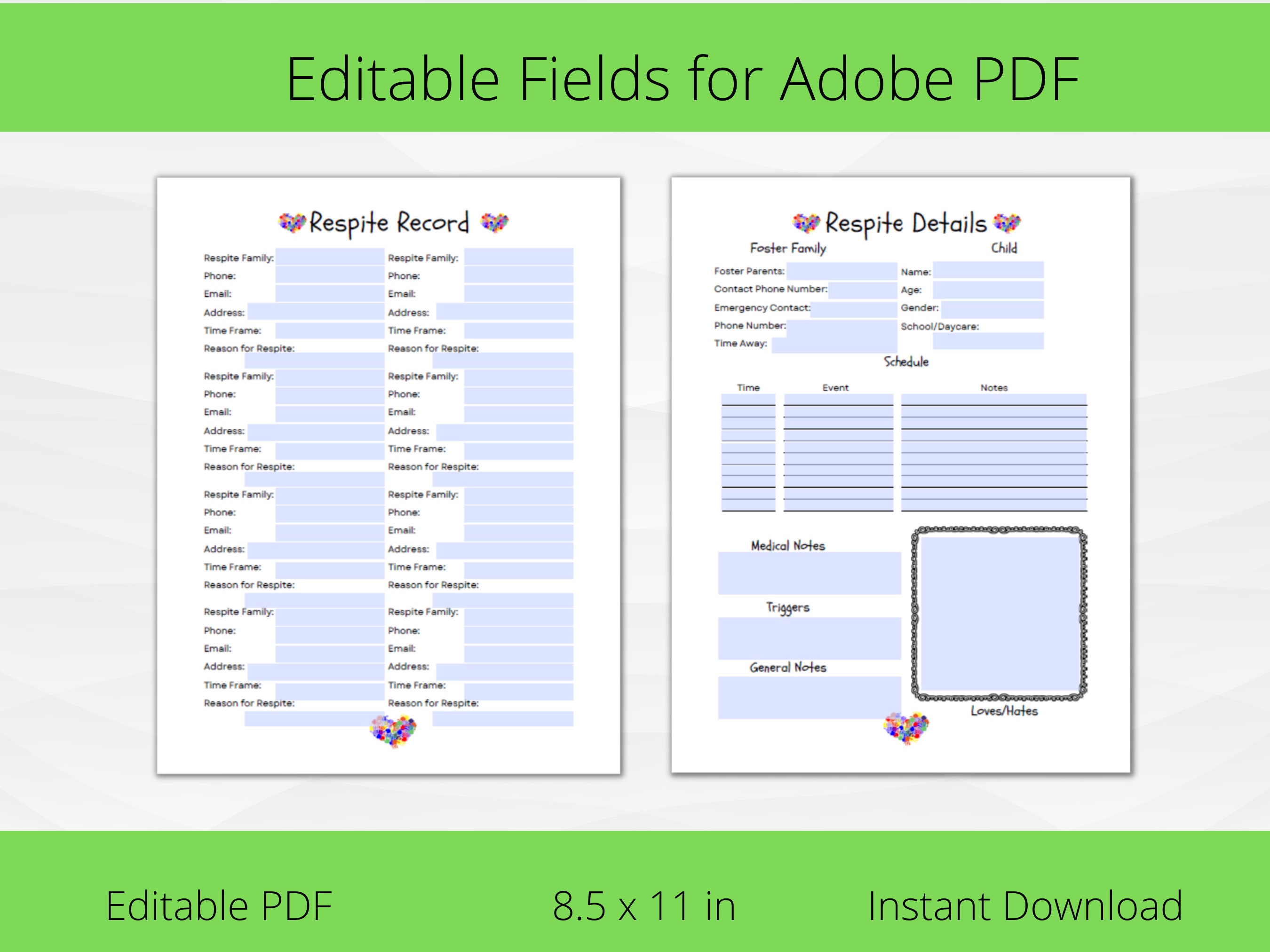 Editable Foster Care Management Respite and Child Care Bundle Details for Respite Care and