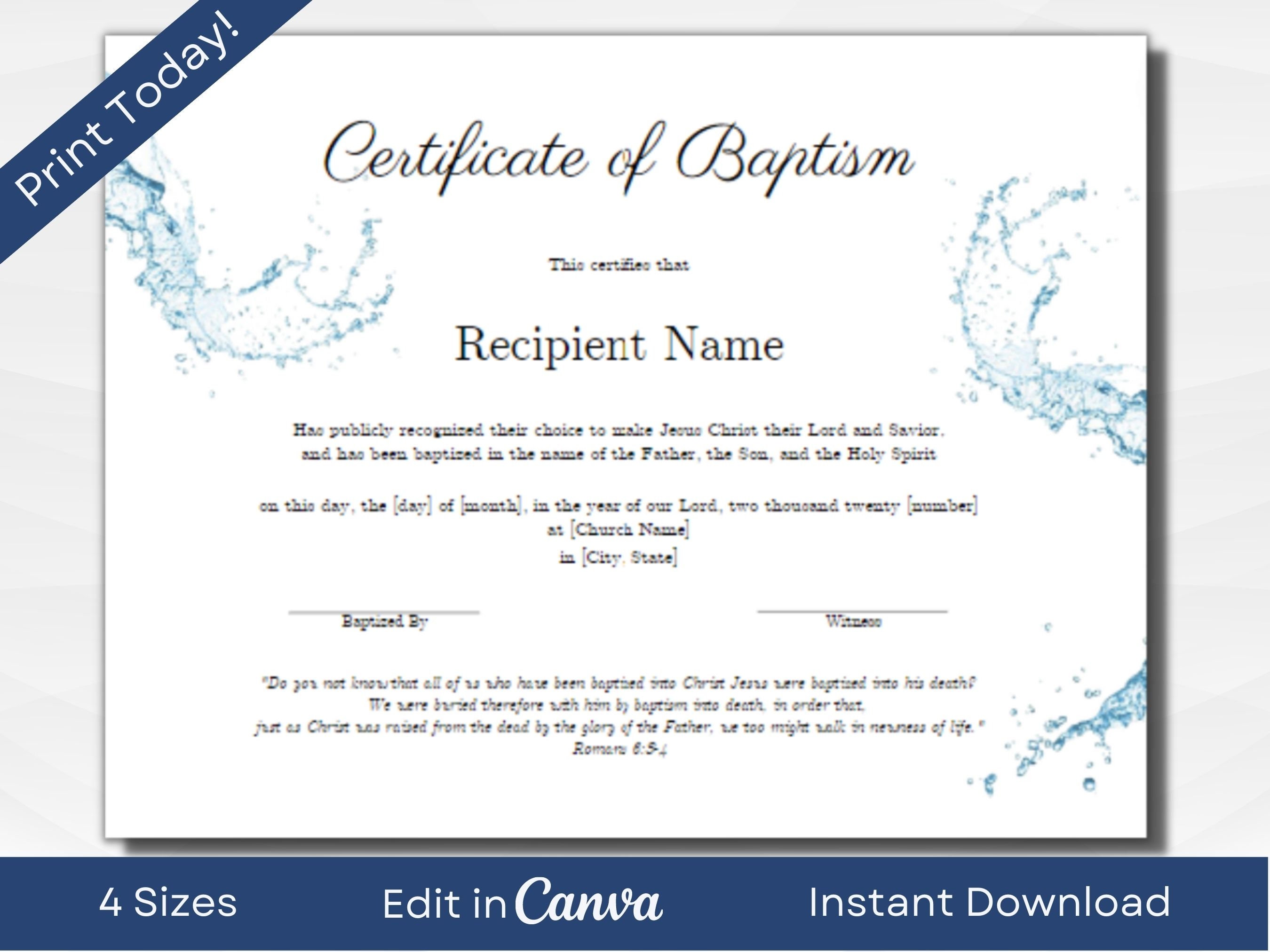 Certificate of Baptism Fully Editable Text Four Sizes A3 Etsy