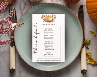 Modello di menu del Ringraziamento modificabile / Modello di menu per matrimonio autunnale rustico / Menu del Ringraziamento tra amici / Formato A4 e lettera USA / Download immediato del PDF