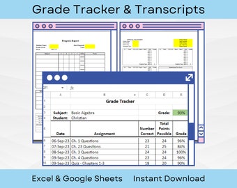 Carnet de notes Homeschool, rapports d'avancement et ensemble de modèles de relevé de notes | Feuille de calcul Excel | Téléchargement instantané