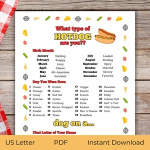Welcher Typ von Hot Dog bist du Spiel | Hot Dog Party-Spiel für Grillpartys und Camping | Druckbares Sommer Spiel | PDF Sofortdownload