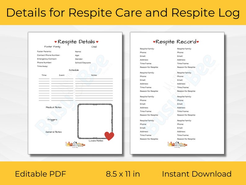 Editable Foster Care Respite and Child Care Bundle Be the Village Details for Respite Care and