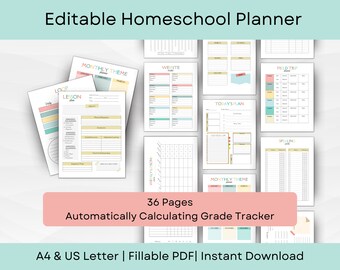 Editable Homeschool Planner with Grade Tracker | Colorful School Days Theme | A4 & US Letter | Instant Download