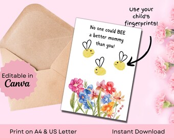 EDITABLE Fingerprint Art Card for Mom and Grandma | Handprint Keepsakes | A4 & US Letter | 5x7 in/12.5x17.5 cm Card | PDF Instant Download