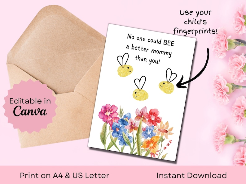 EDITABLE Mothers Day Fingerprint Art Card From Kids Print on A4 &amp; US Letter 5x7 In/12.5x17.5 Cm ...