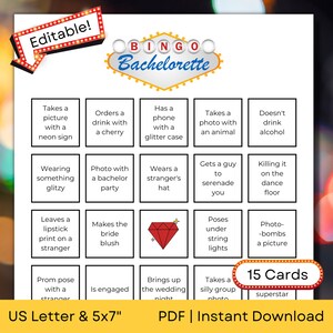Cartões editáveis de BINGO para despedida de solteira em Vegas com hashtag | Caça ao tesouro do bar de despedida de solteira | Carta dos EUA e 5x7 em | Download Instantâneo de PDF