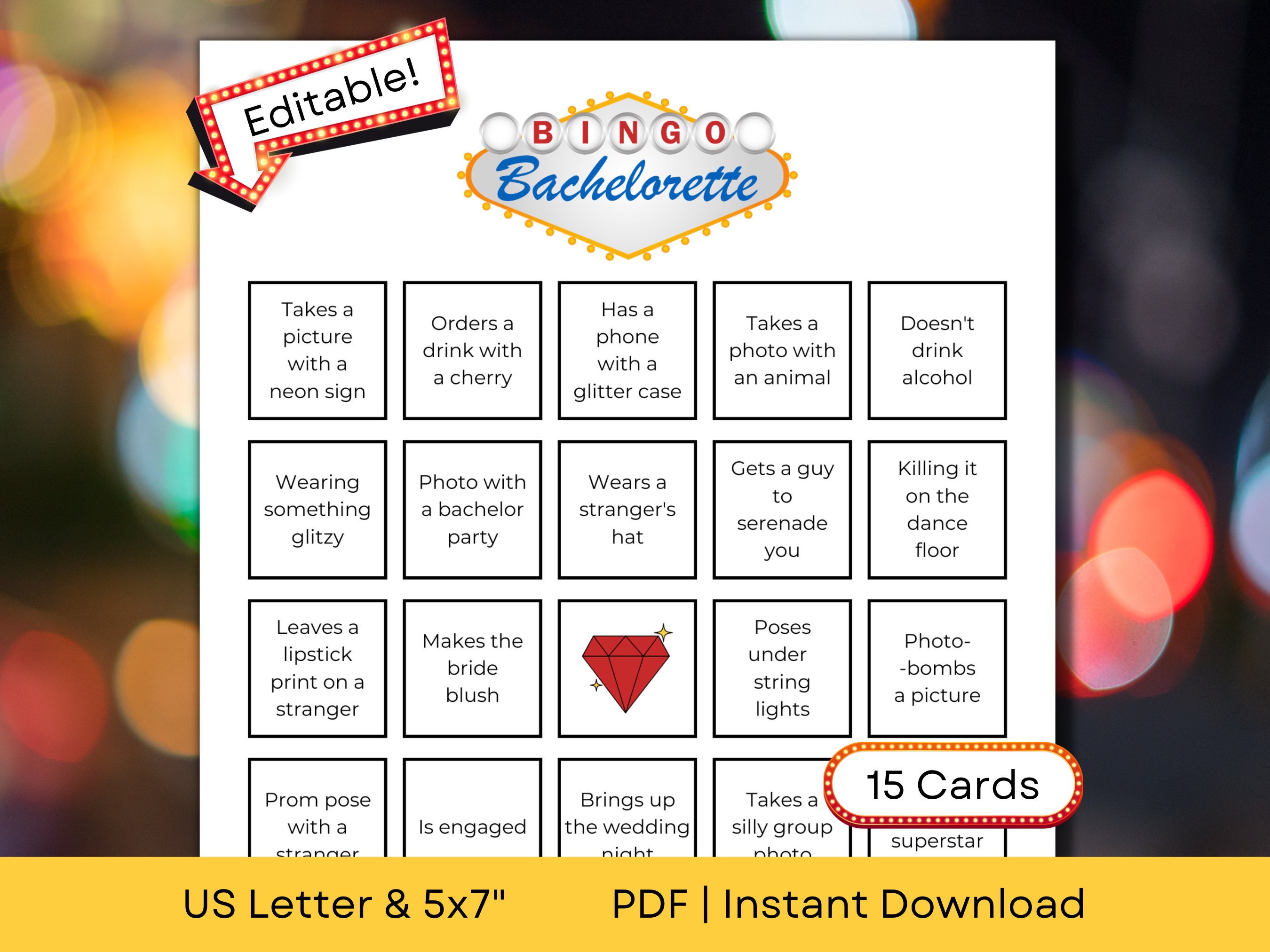 Editable Vegas Bachelorette BINGO Cards with Hashtag | Bachelorette Bar Scavenger Hunt | US Letter and 5x7 in | PDF Instant Download