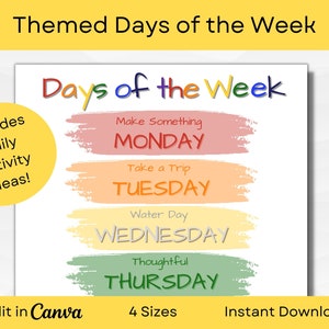 Days of the Week Printable | Editable Theme Days | Activity Ideas | A3, A4, 8.5x11 in and 11x14 in | PDF Instant Download