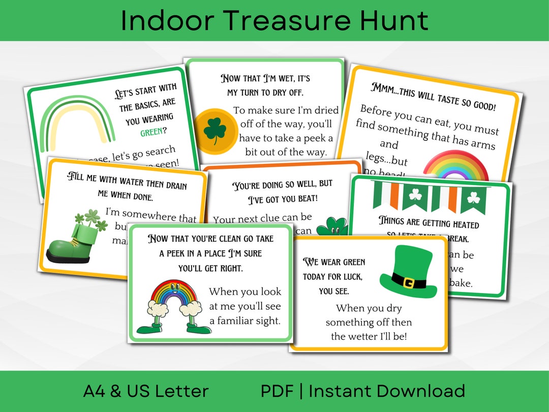 St Patricks Day Indoor Treasure Hunt Game | Kids Scavenger Hunt Clues ...