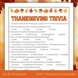 Thanksgiving Trivia for Kids and Adults | Printable Friendsgiving and Classroom Party Games | A4 & US Letter | PDF Instant Download