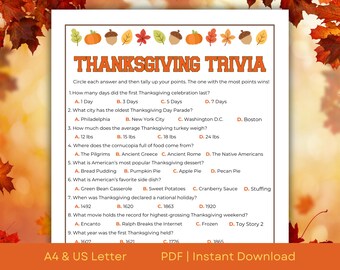 May include: Thanksgiving Trivia game on a white background with fall leaves. The game includes multiple-choice questions about Thanksgiving history and traditions. The text "Thanksgiving Trivia" is at the top. The game is available as a PDF download.