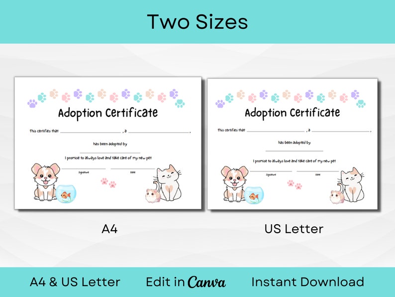 EDITABLE Pet Adoption Certificate for Adoption Pawty, Shelter, Rescue ...