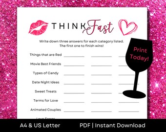 Printable Think Fast Game for Ladies Night | Galentines Games | A4 & US Letter | PDF Instant Download