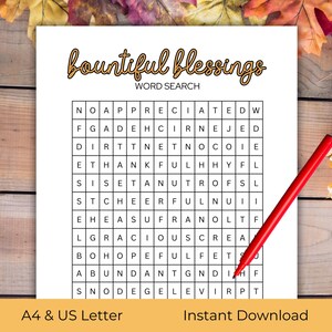 Búsqueda de palabras de Acción de Gracias / Juegos de Acción de Gracias para imprimir / Juego de gratitud para niños y adultos / Tamaño A4 y carta de EE. UU. / Descarga instantánea en formato PDF