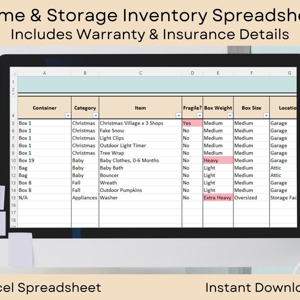 Inventory Spreadsheet with Warranty and Insurance Details | Home and Storage | Excel Doc INSTANT DOWNLOAD