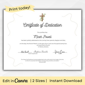 Plantilla de certificado de dedicación para bebé editable, Texto y gráficos totalmente editables, Tema de acuarela, A4 y carta EE. UU., Descarga instantánea en PDF